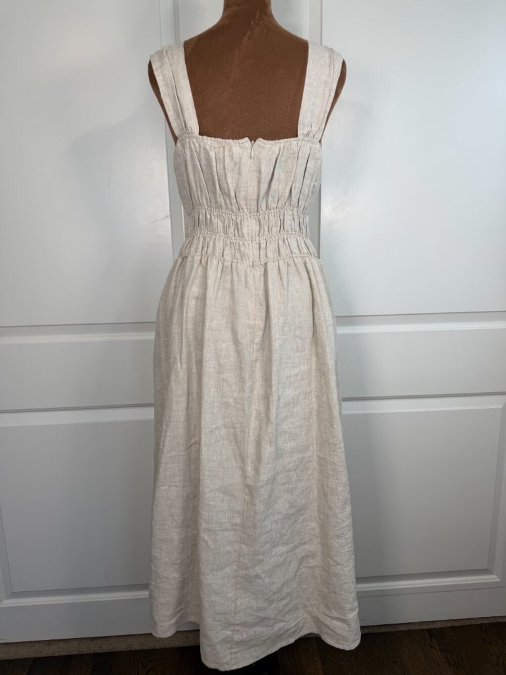 Saks Fifth Avenue 100% Linen Smocked Midi Maxi Dress Pockets Oatmeal Medium - Picture 3 of 10